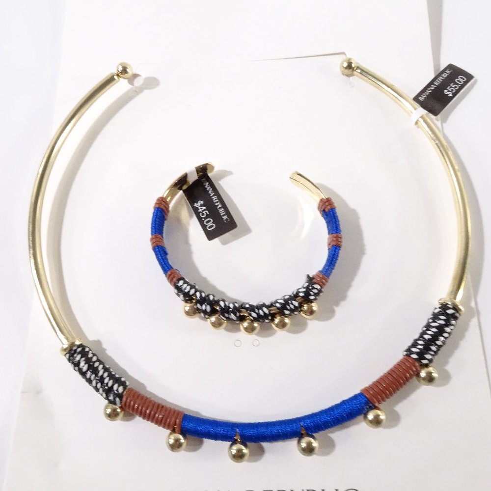 Banana Republic Blue Brown Wrapped Sphere Collar Necklace Bracelet Set 2 NWT 98